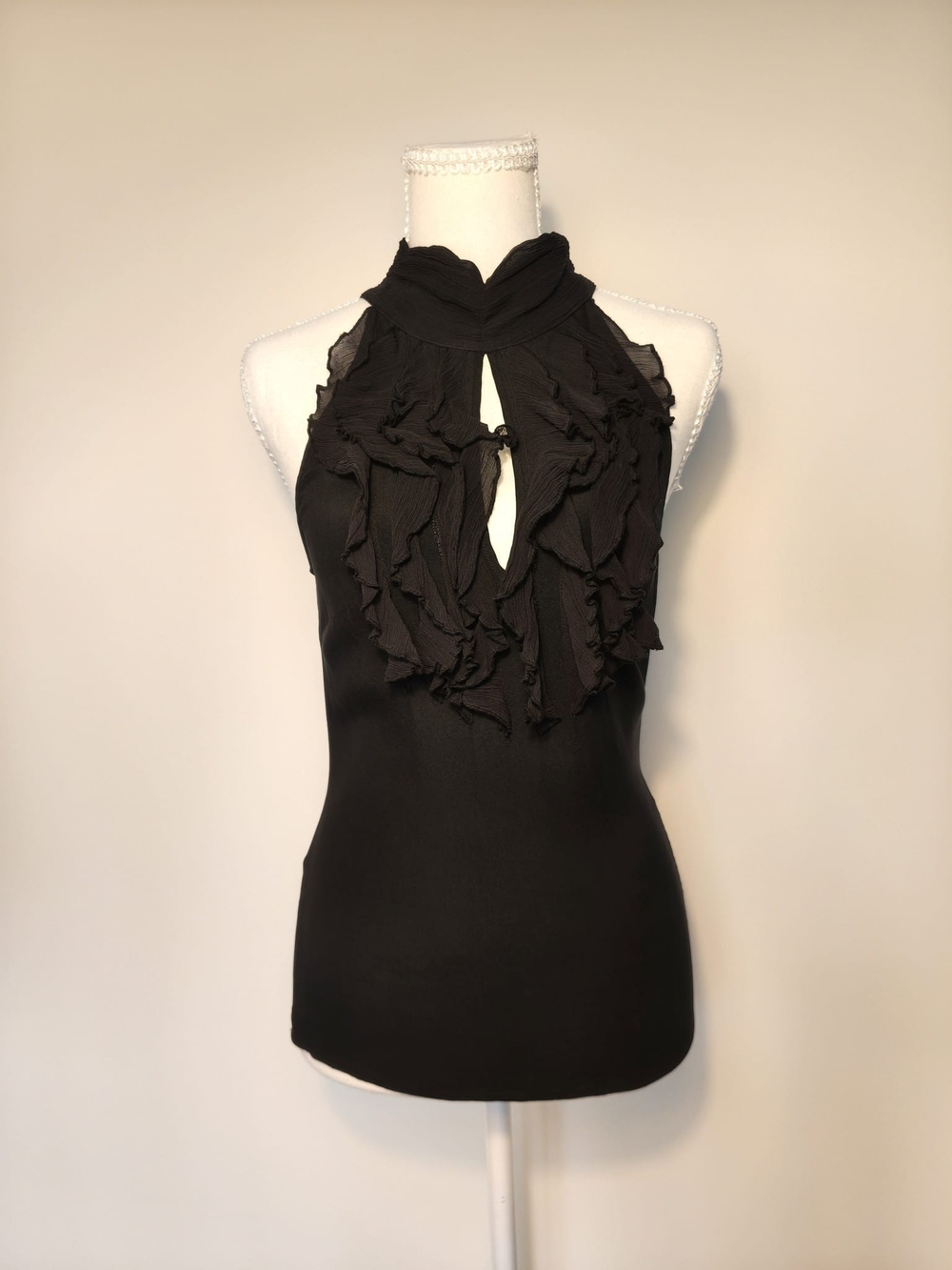 Marciano Black Silk Ruffle Keyhole Halter Top Silk XS